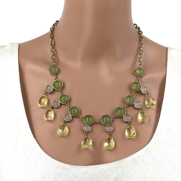 Vintage Talbots Statement Necklace Gold Tone Green Pink Beaded - Picture 1 of 3
